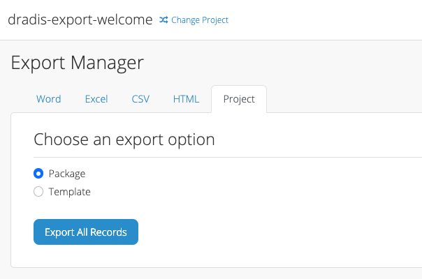 View showing the export option available to take the project offline