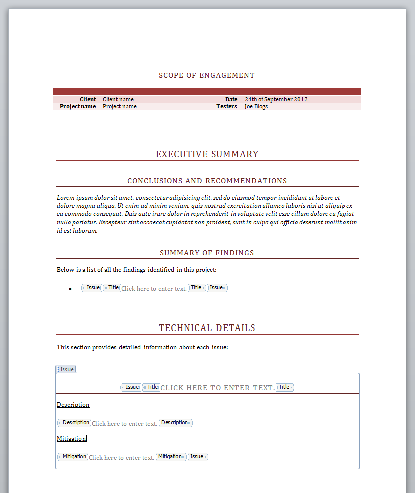Simple report template using multiple sections and document properties.