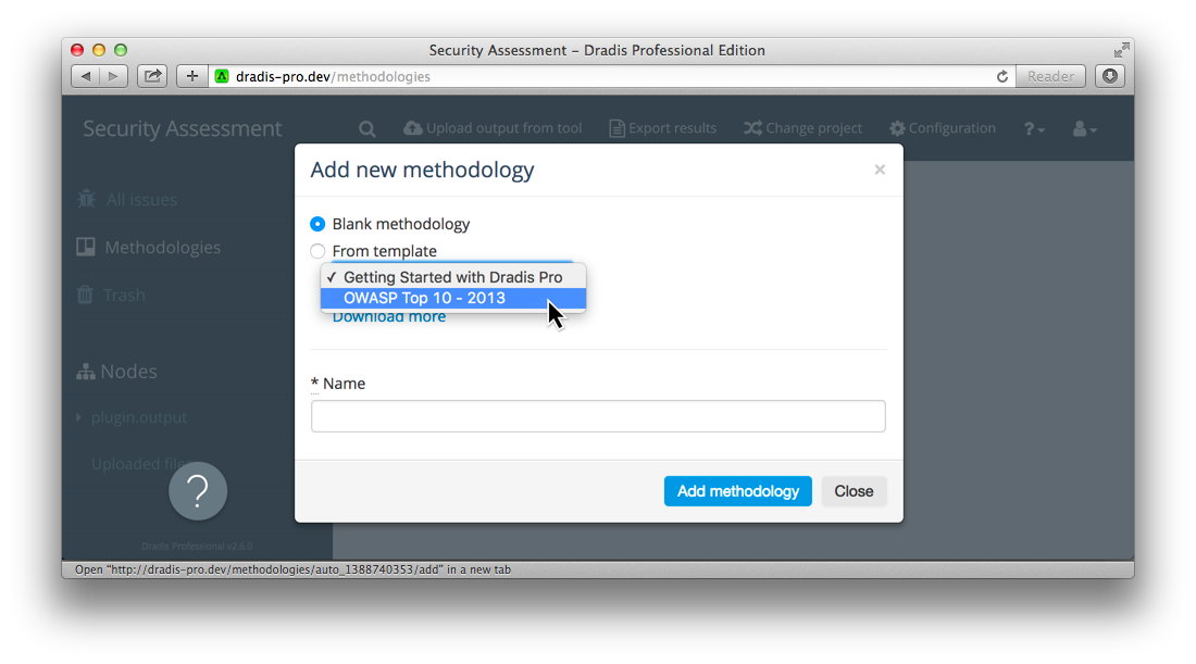 Shows the dropdown list of available methodologies.