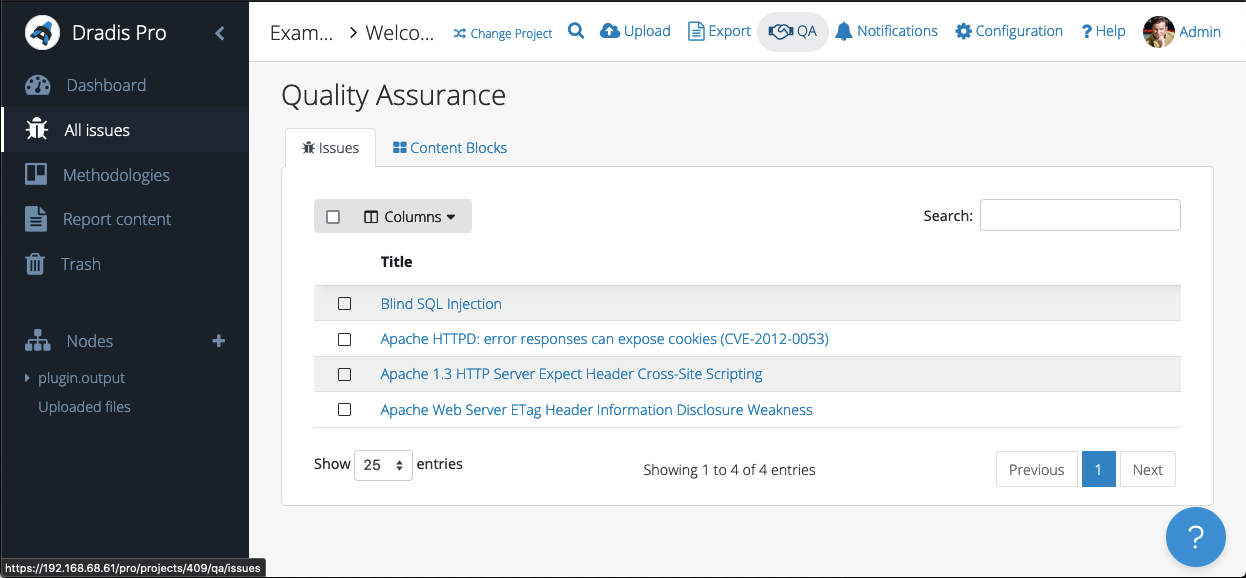 Dradis v4.8.0 has a Quality Assurance feature to approve Issues and Content Blocks before reporting
