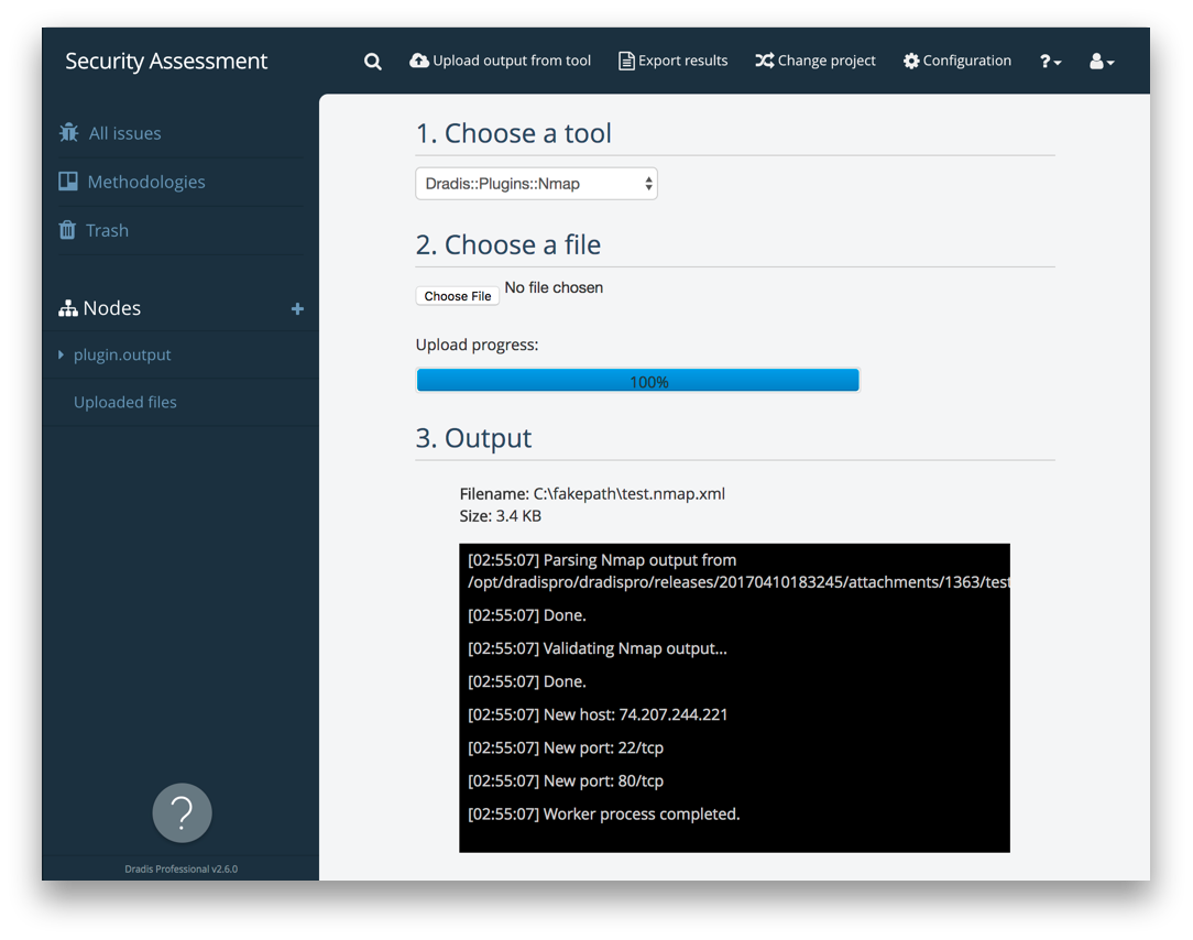 Sample run of file upload: Nmap XML results file