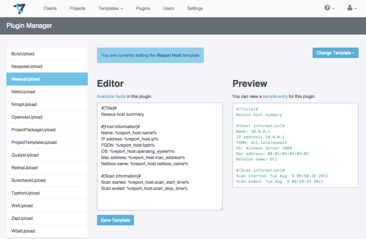 Using the Plugin Manager to customize the NessusUpload template